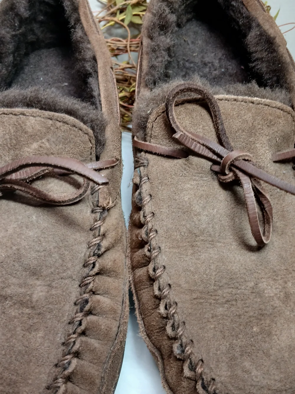 L.L. Bean Brown Suede Moccasin Slip-On Slippers with Faux Fur Lining